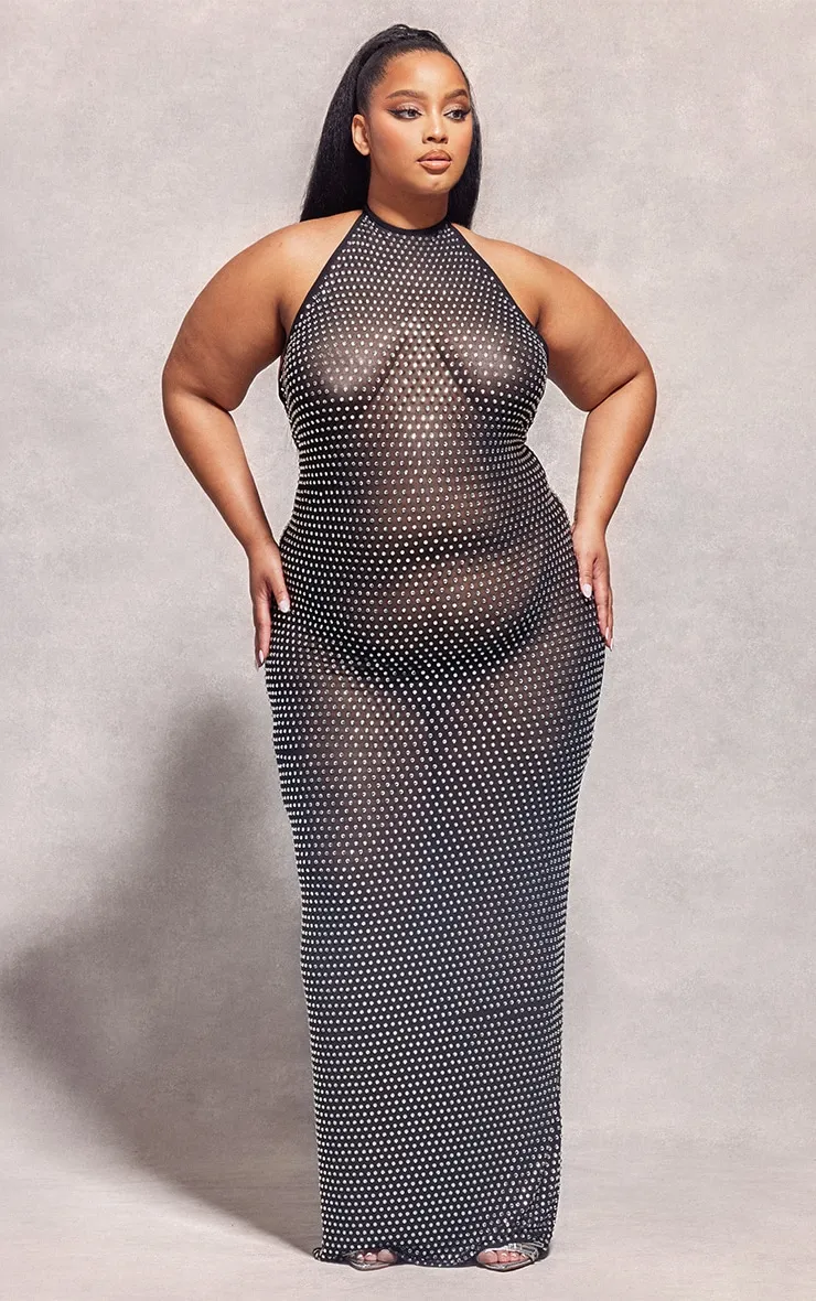 Plus Robe longue en mesh orné noir dos nu à col montant