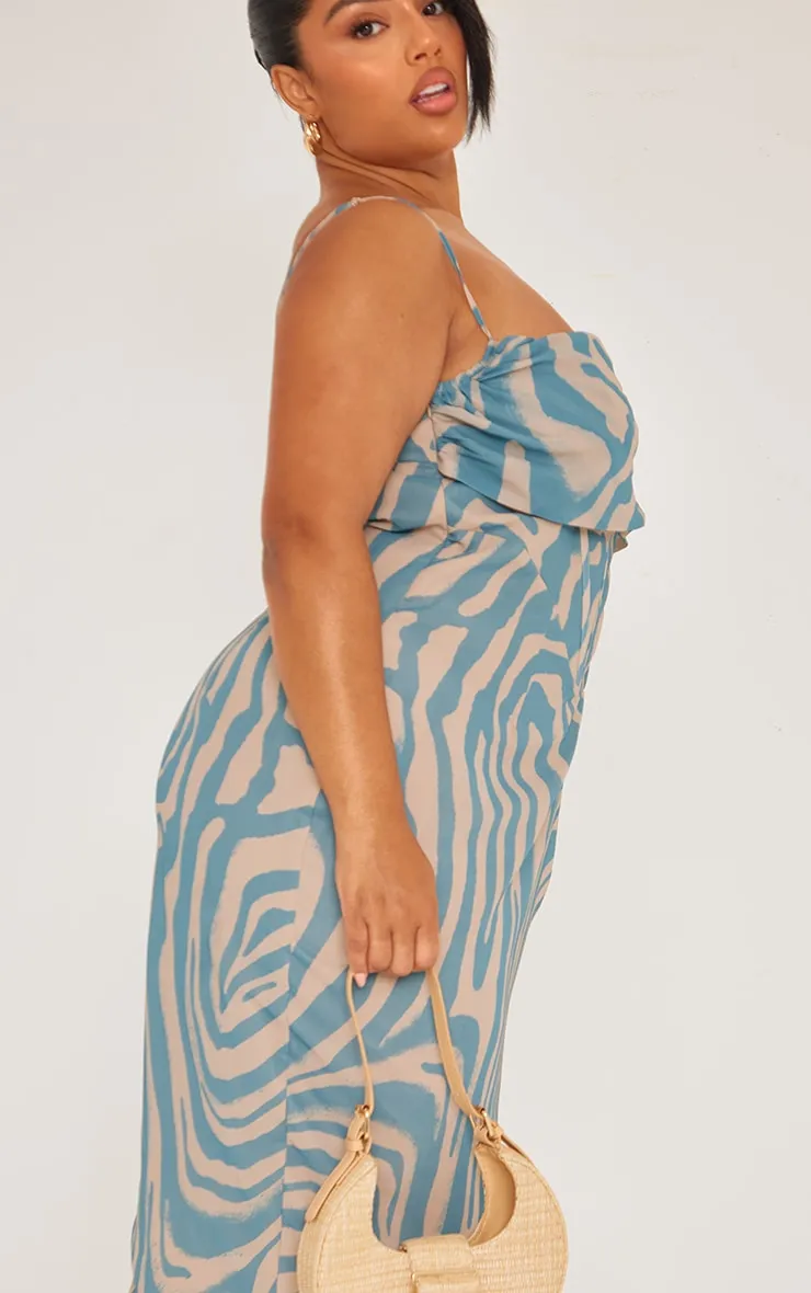Plus Robe mi-longue bleu cendré en mousseline de soie drapée imprimé tigre