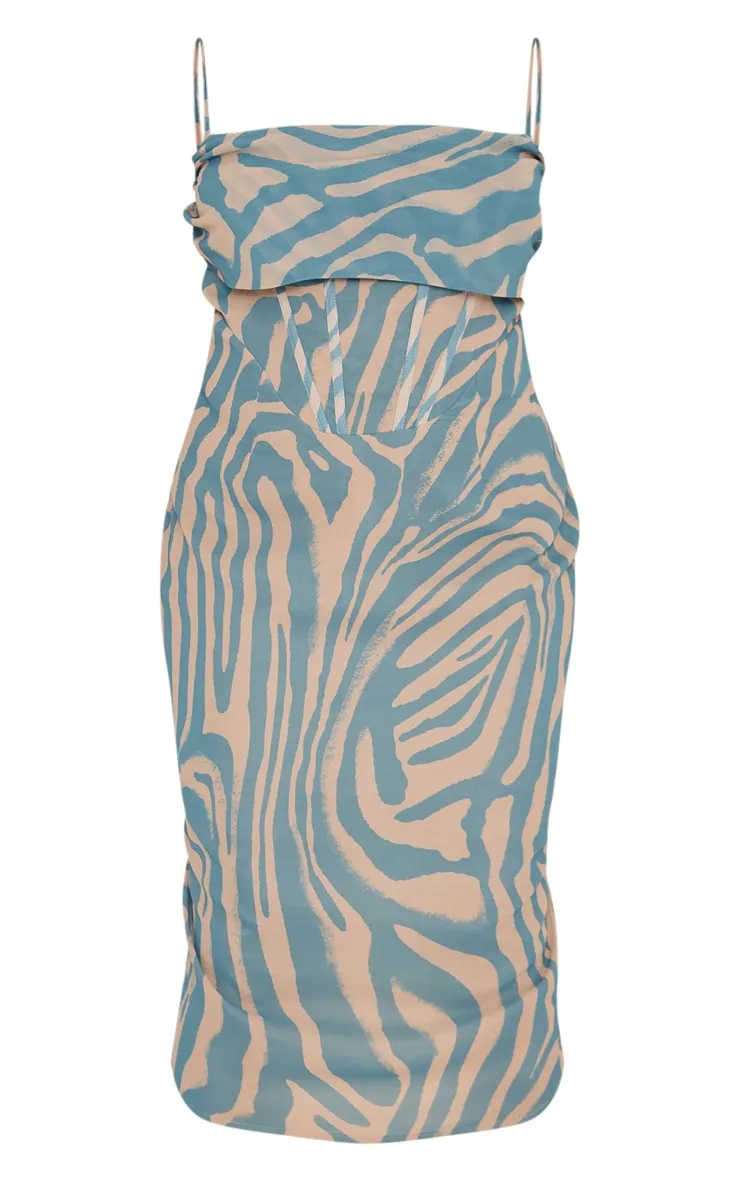 Plus Robe mi-longue bleu cendré en mousseline de soie drapée imprimé tigre