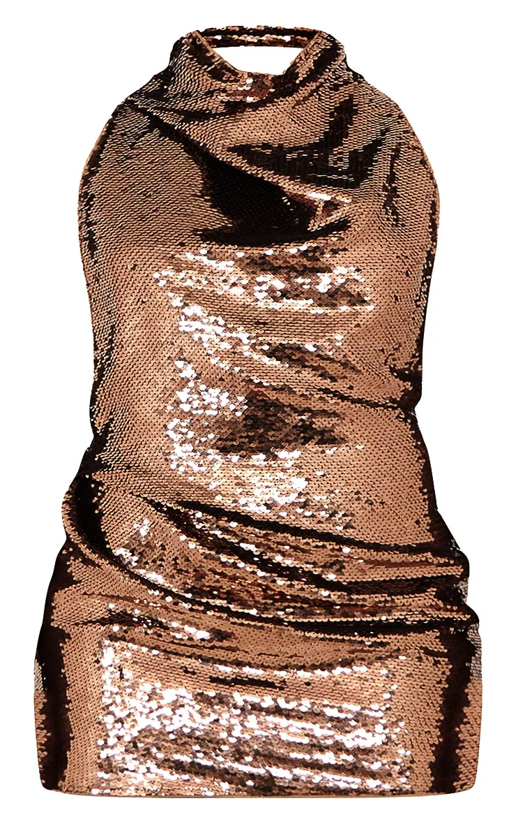 Plus Robe moulante en sequins bronze dos nu à col montant