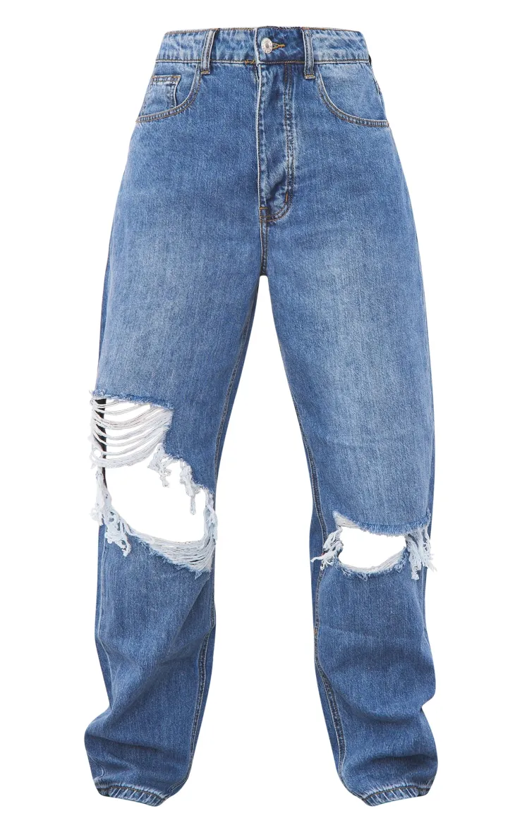 PRETTYLITTLETHING Jean boyfriend bleu moyennement délavé déchiré aux genoux