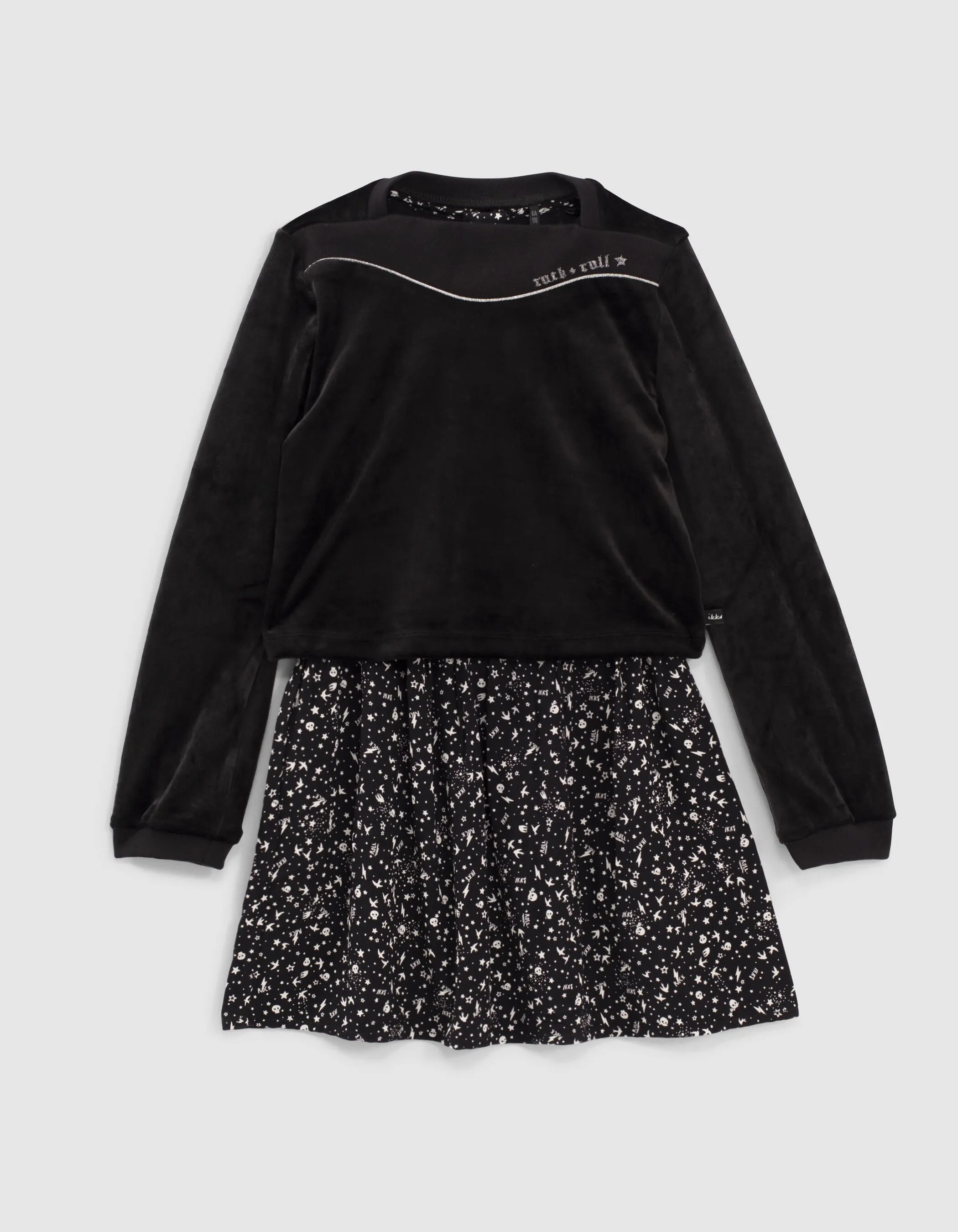 Robe 2 en 1 noire imprimé rock et sweat velours fille