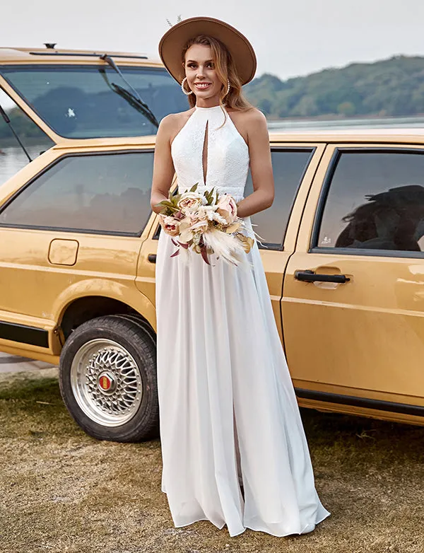 Robe de mariée en dentelle ivoire en mousseline de soie Halter Boho avec fente