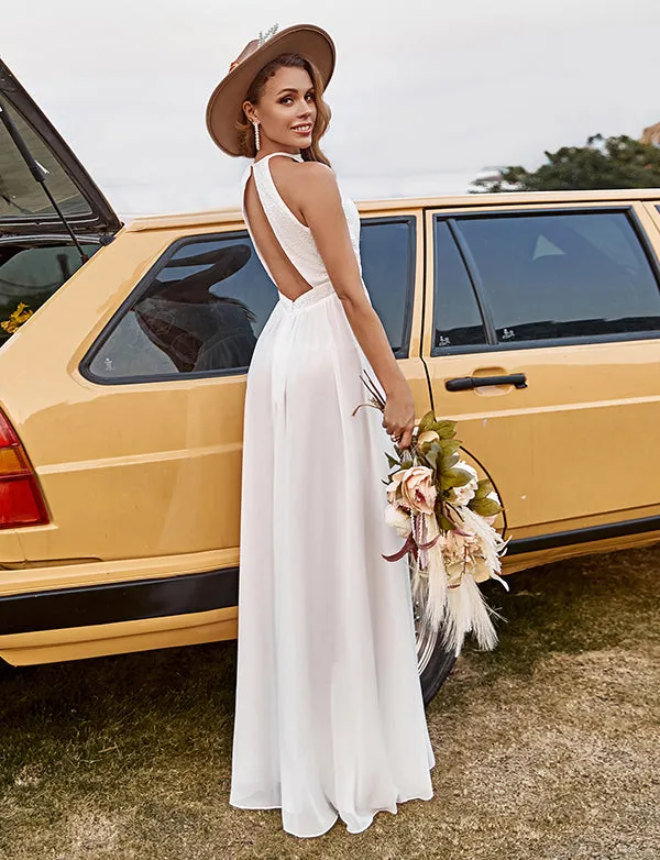 Robe de mariée en dentelle ivoire en mousseline de soie Halter Boho avec fente