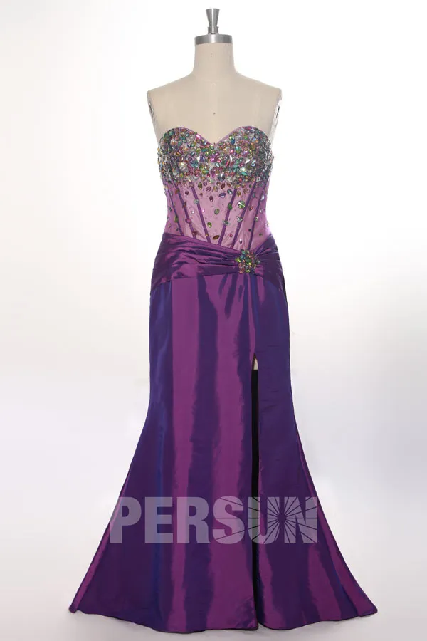 Robe de soirée fendue sirène bustier cœur bijoux colorés