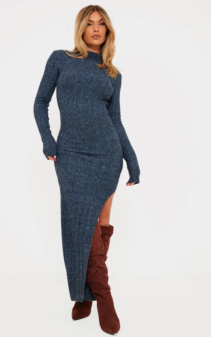 Robe longue en maille tricot deluxe bleu ardoise à col montant