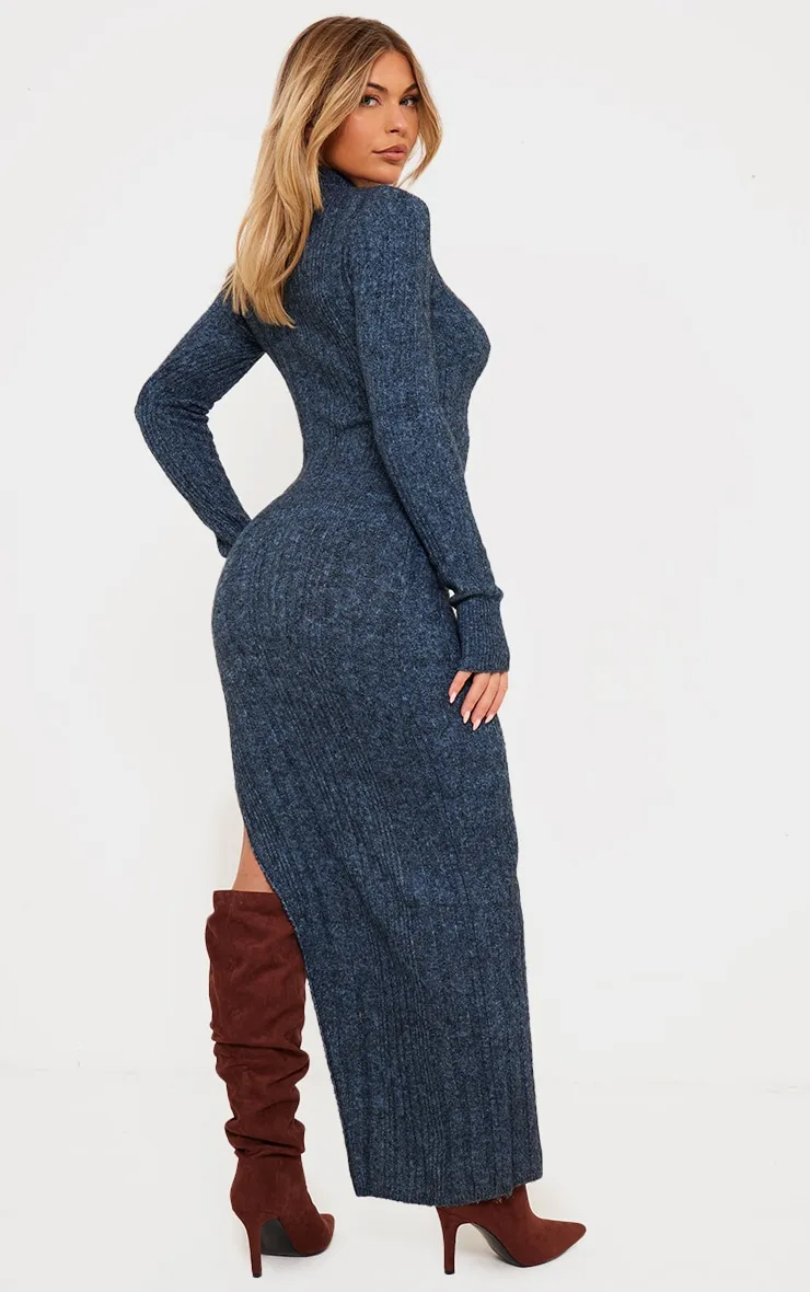 Robe longue en maille tricot deluxe bleu ardoise à col montant