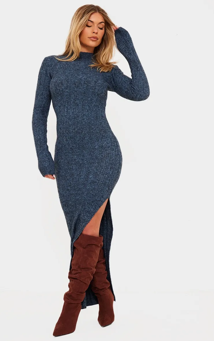 Robe longue en maille tricot deluxe bleu ardoise à col montant