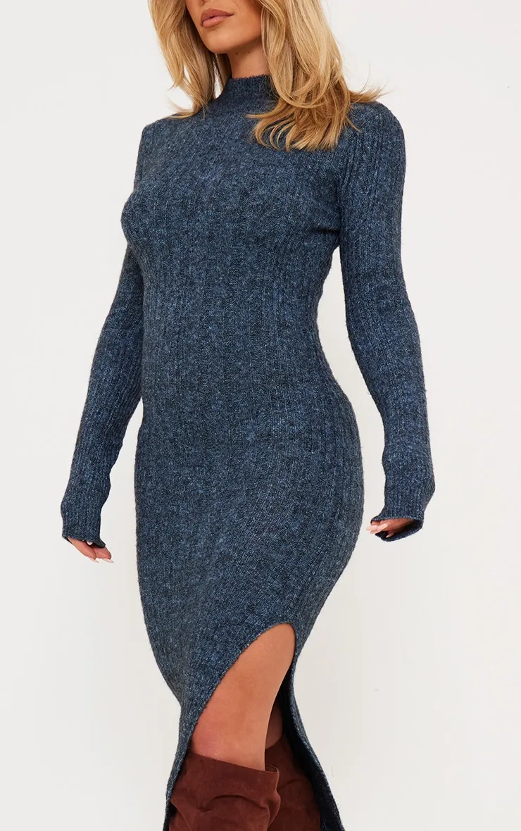 Robe longue en maille tricot deluxe bleu ardoise à col montant