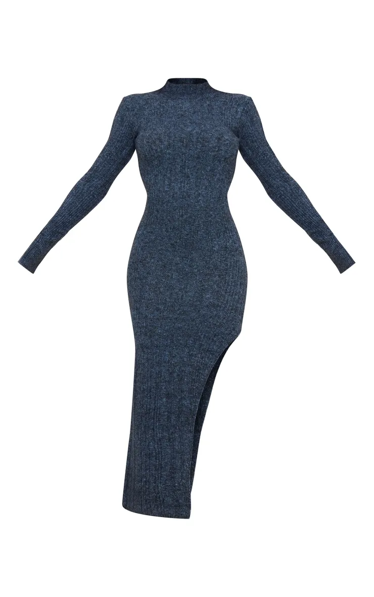 Robe longue en maille tricot deluxe bleu ardoise à col montant