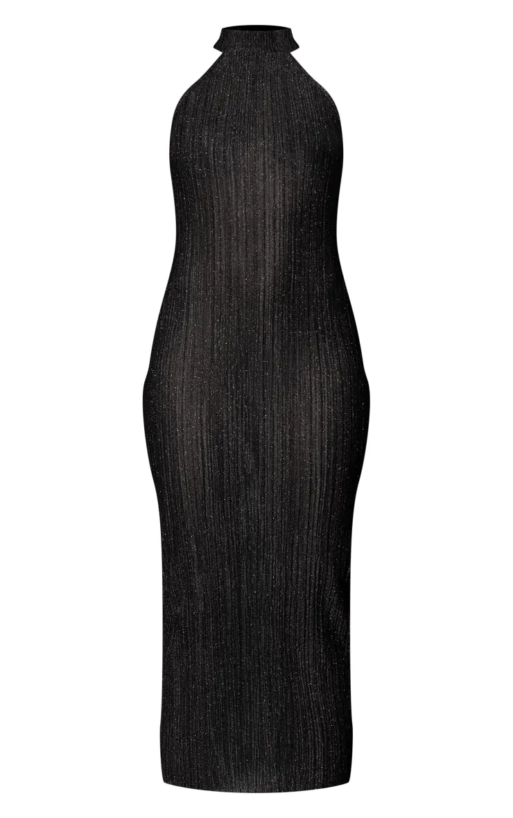 Robe longue plissée pailletée noire à col montant nageur