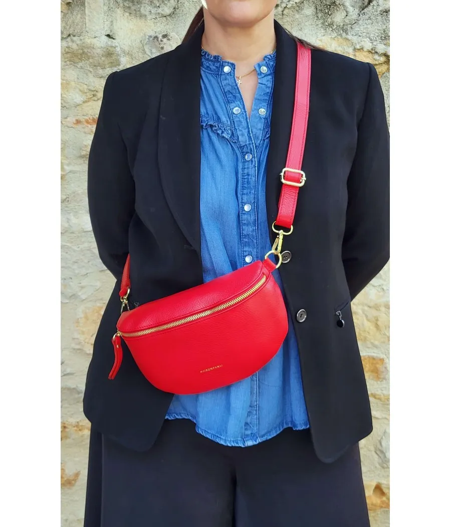 SANTAÏA SAC BANANE BANDOULIERE TENDANCE CUIR VACHETTE GRAINS ROUGE