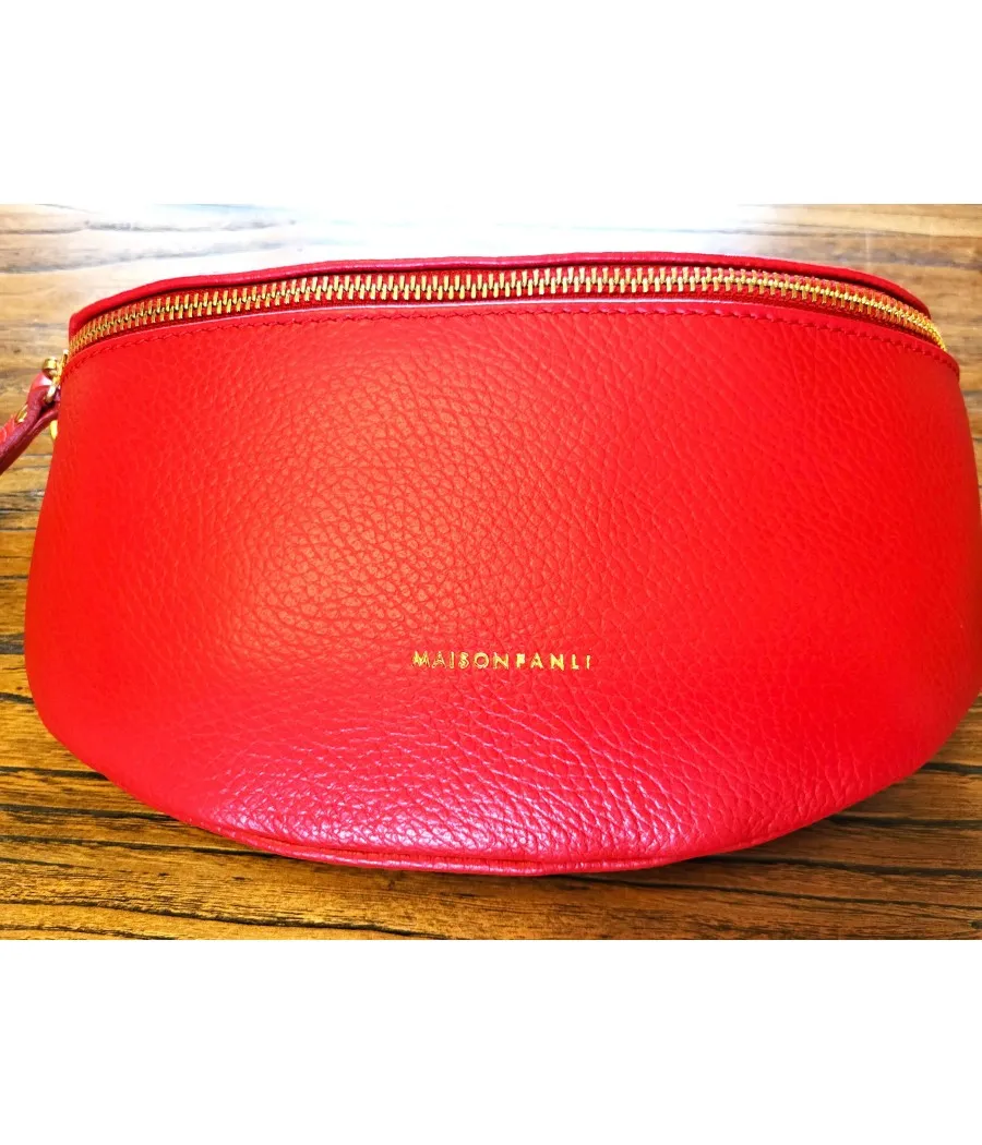 SANTAÏA SAC BANANE BANDOULIERE TENDANCE CUIR VACHETTE GRAINS ROUGE