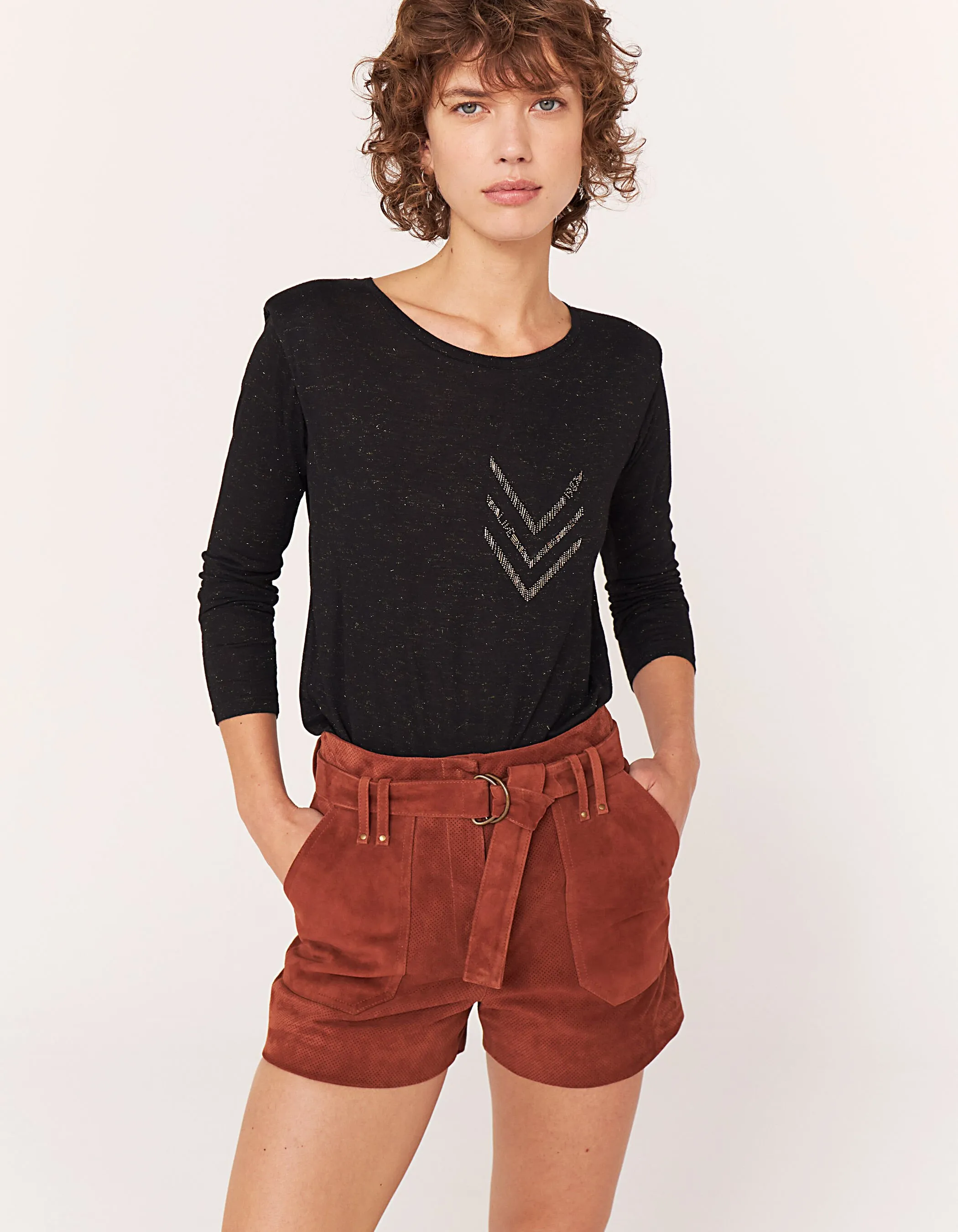 Short taille mi-haute en cuir de chèvre velours femme