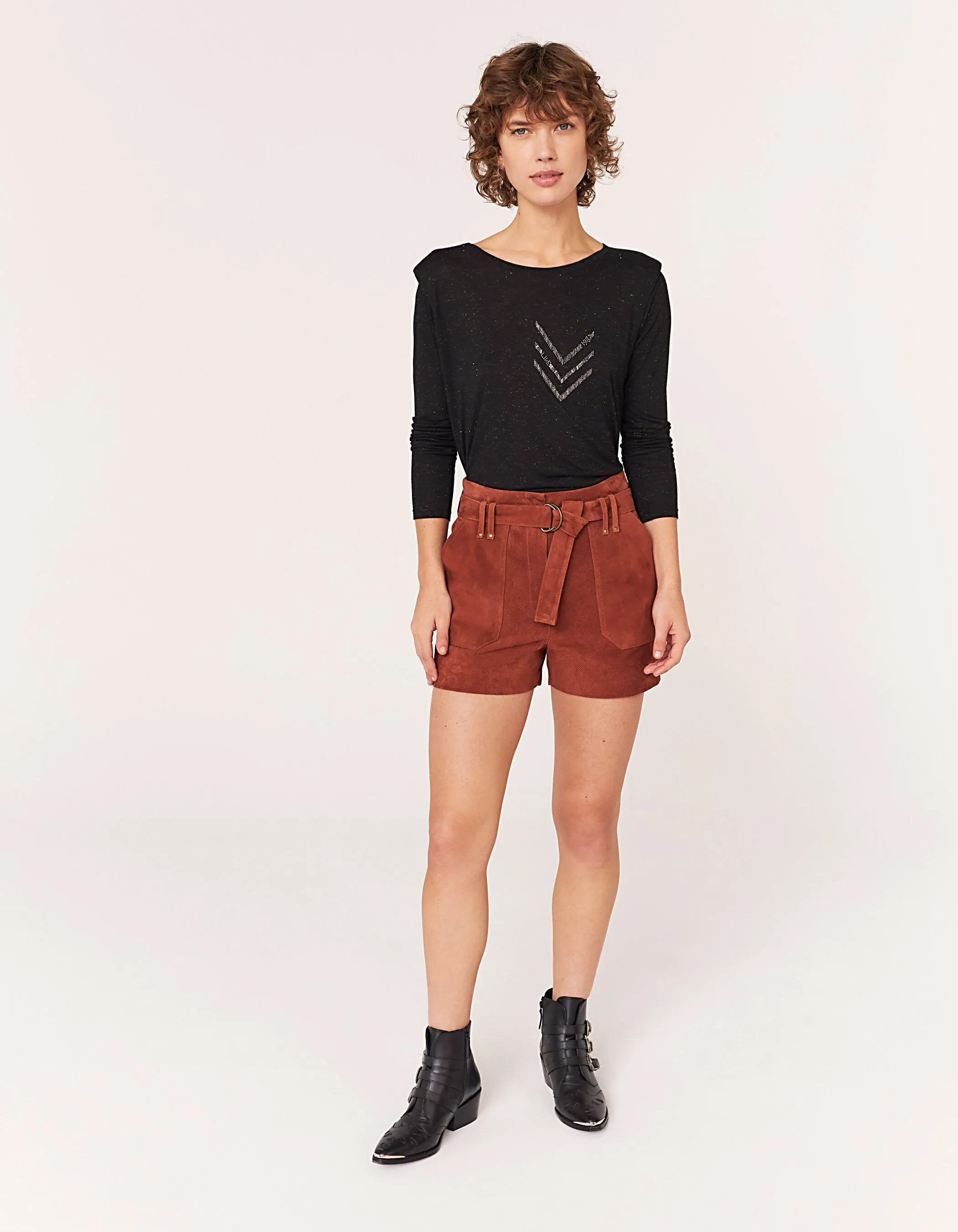 Short taille mi-haute en cuir de chèvre velours femme