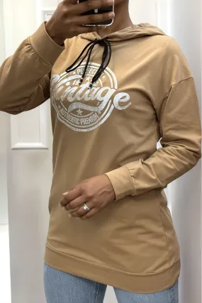 Sweat à capuche camel avec écriture VINTAGE à l'avant