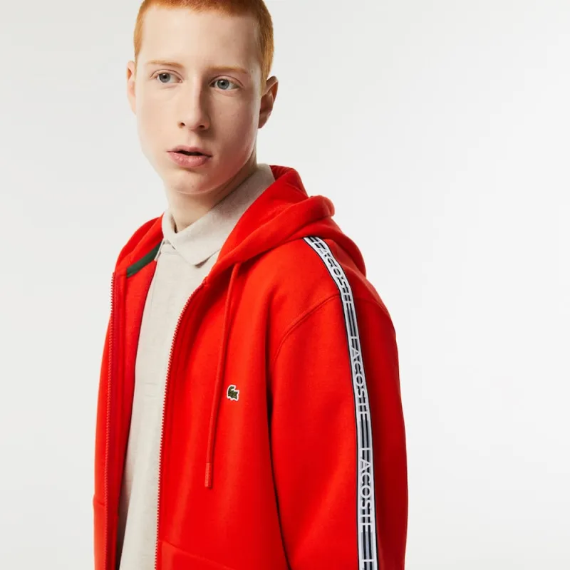 SWEATSHIRT ZIPPÉ À CAPUCHE ROUGE CLASSIC FIT LACOSTE AVEC BANDES SIGLÉES