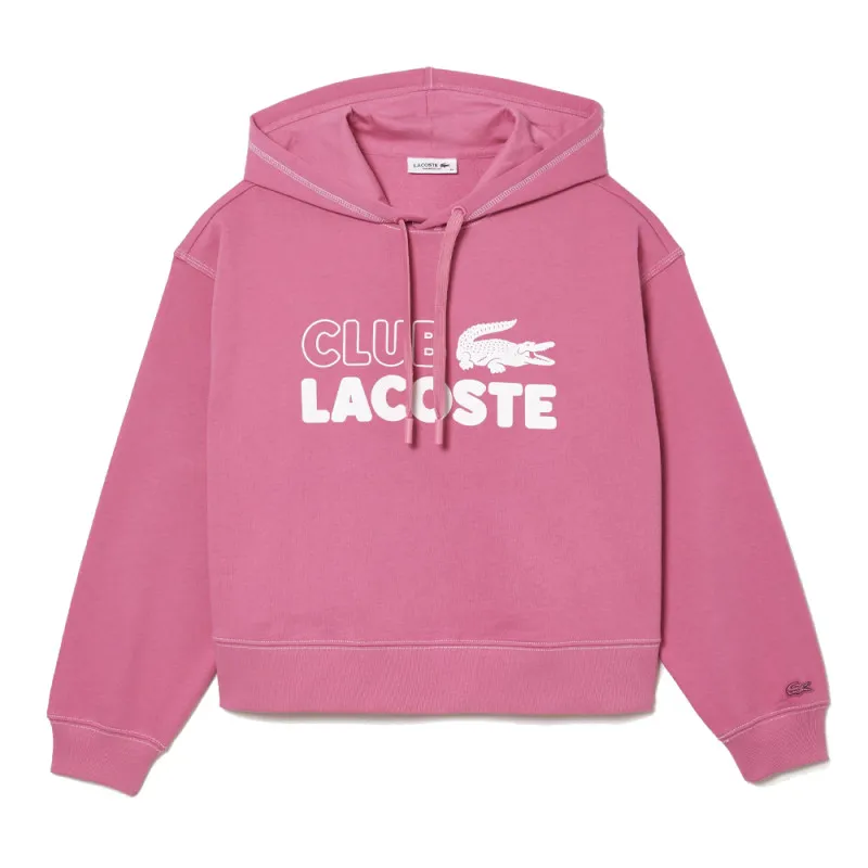 SWEATSHIRT À CAPUCHE FEMME LACOSTE OVERSIZE FIT ROSE AVEC MARQUAGE CONTRASTÉ