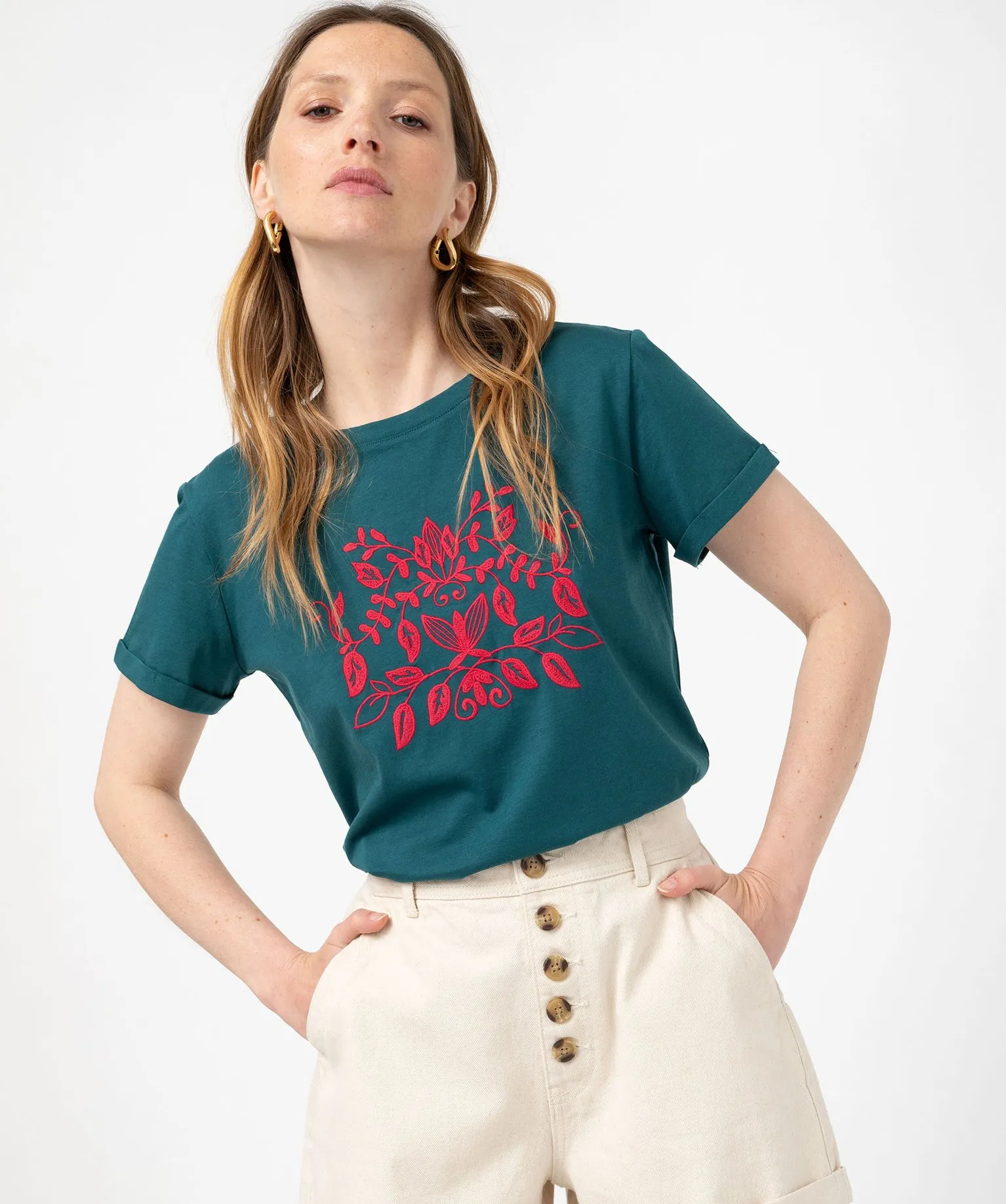 tee-shirt manches courtes avec motif brode femme vert t-shirts manches courtes