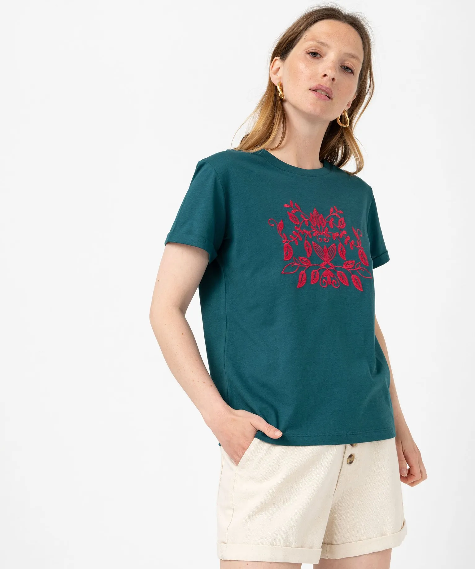 tee-shirt manches courtes avec motif brode femme vert t-shirts manches courtes