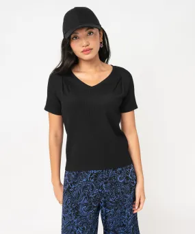 tee-shirt manches courtes en maille texturee a col v femme noir t-shirts manches courtes