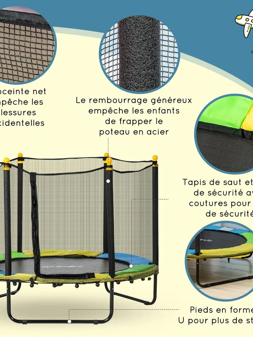 Trampoline enfant Ø 1,40 m 6 poteaux accessoires inclus multicolore - Noir