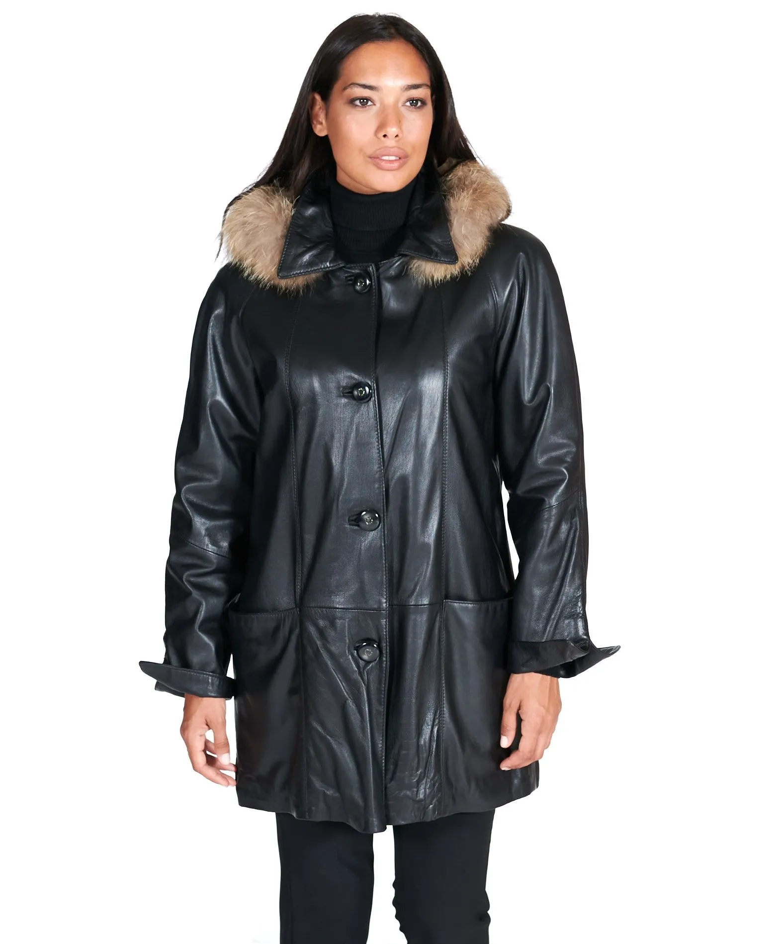 Trench femme avec capuche fourrure cuir plongé couleur noir Pamela