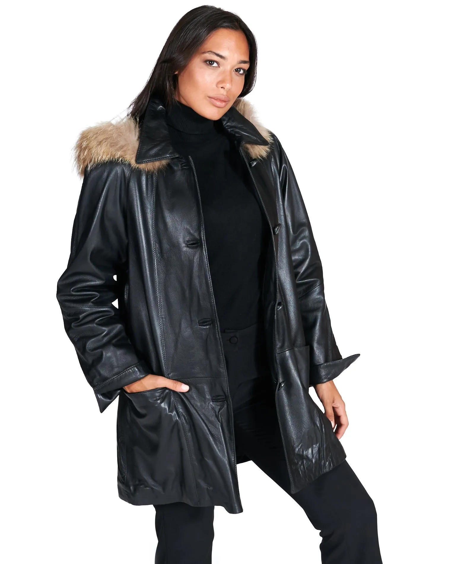 Trench femme avec capuche fourrure cuir plongé couleur noir Pamela