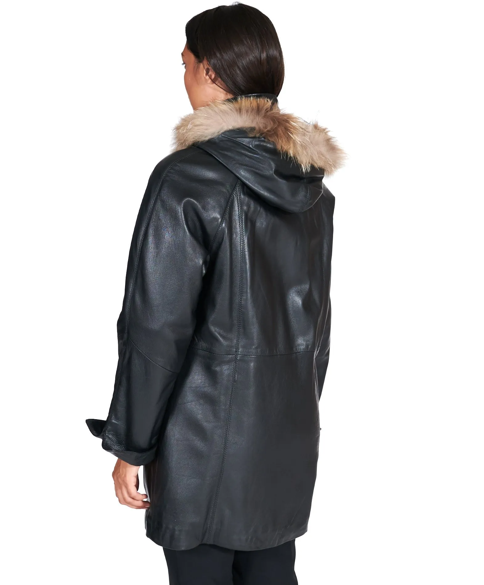 Trench femme avec capuche fourrure cuir plongé couleur noir Pamela