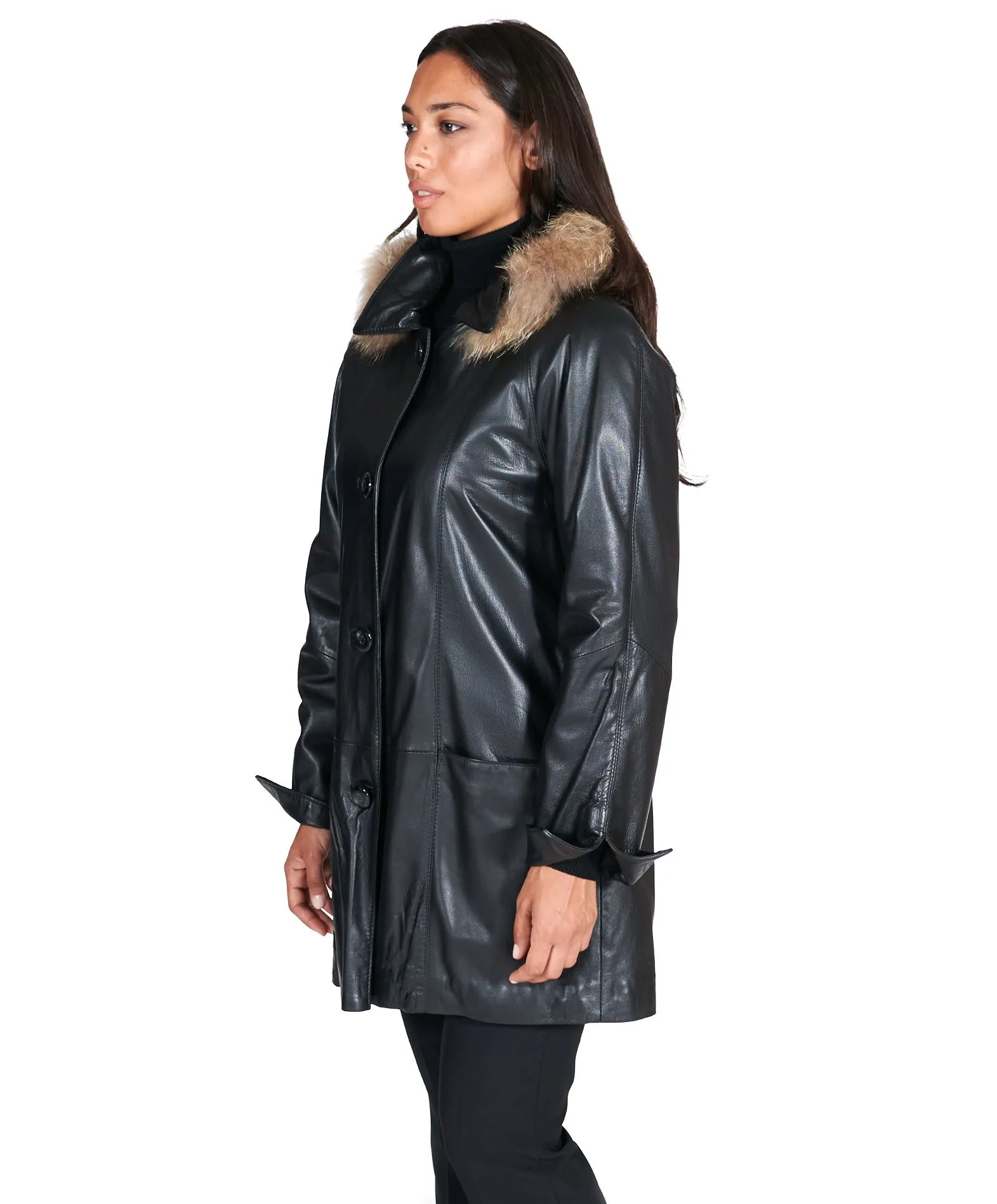 Trench femme avec capuche fourrure cuir plongé couleur noir Pamela