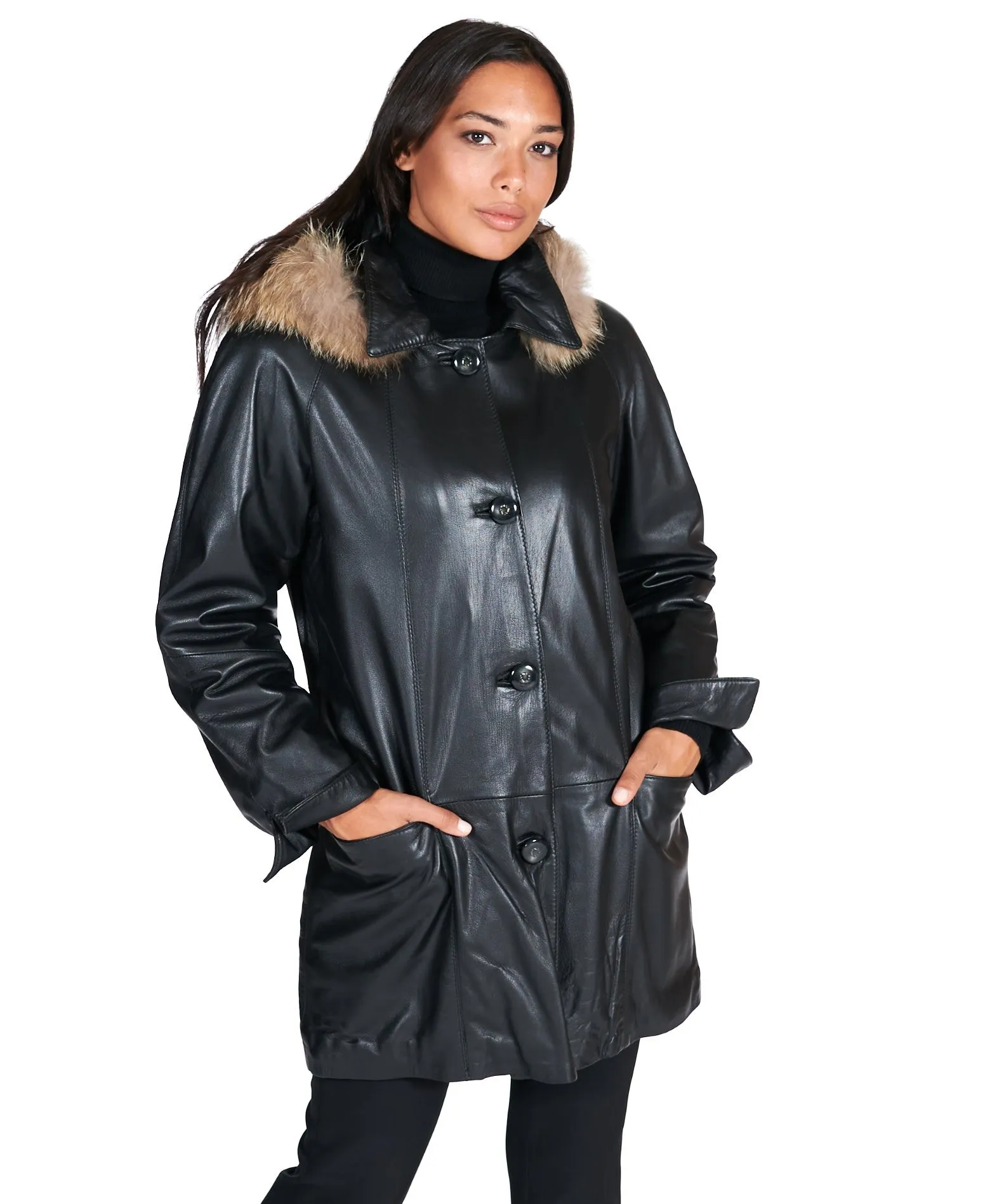 Trench femme avec capuche fourrure cuir plongé couleur noir Pamela