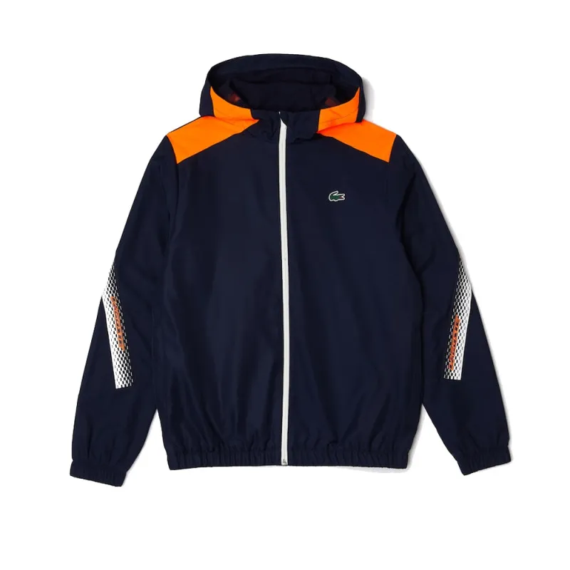 VESTE À CAPUCHE HOMME LACOSTE TENNIS EN POLYESTER RECYCLÉ BLEUE MARINE ET ORANGE