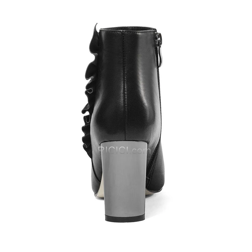 À Volants Talons Carrés Talon Haut Noir Bout Pointu Bottines Chelsea